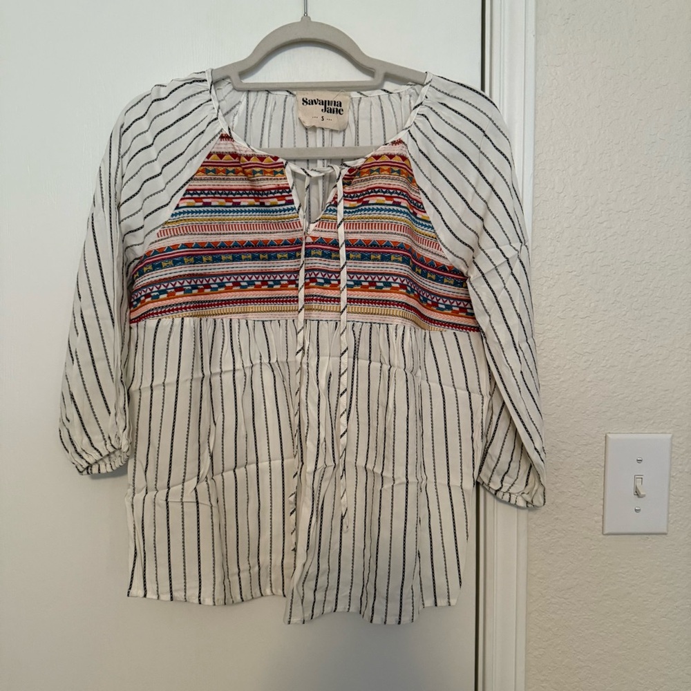 Savanna Jane Black and White Embroidered Tie Front Blouse